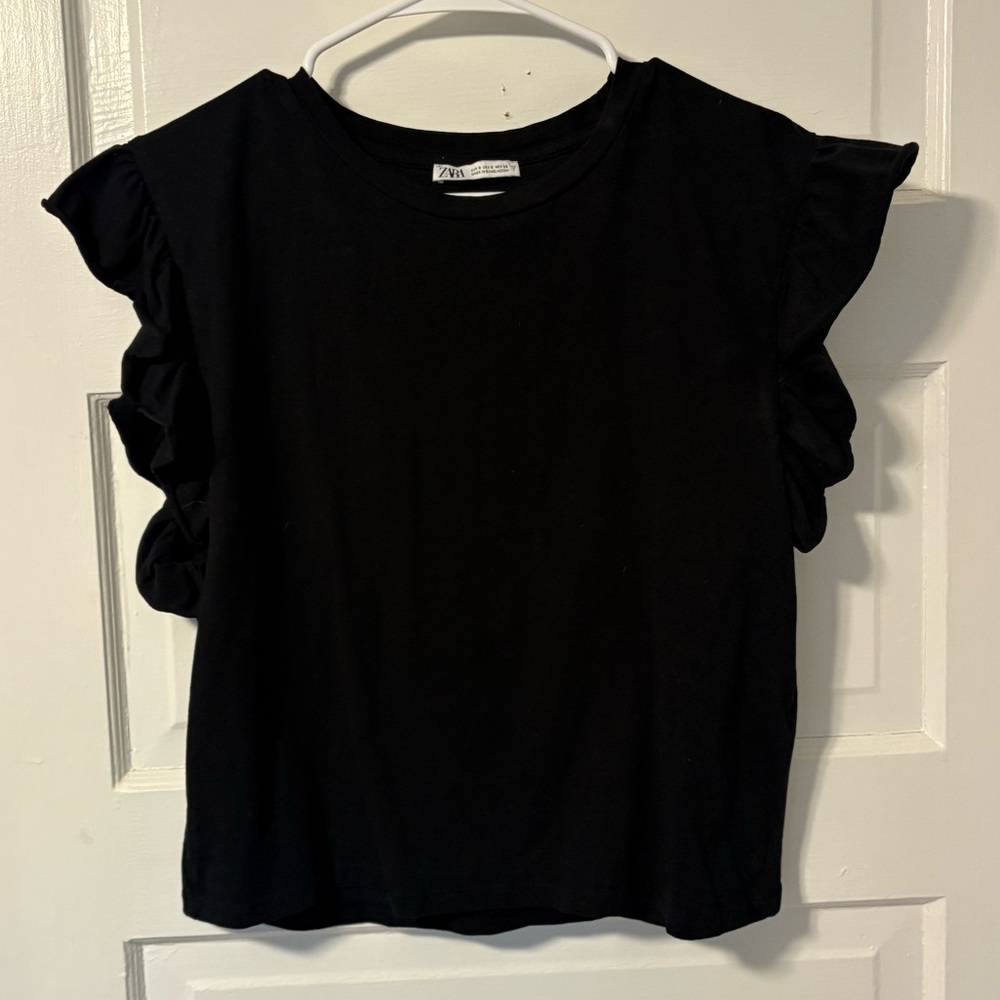 Zara Black Short Sleeve Ruffle Top